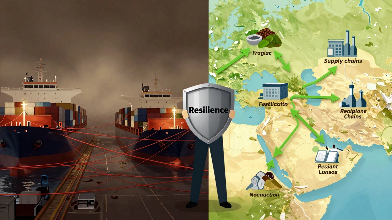 Contrast between chaotic global shipping and stable local supply chain