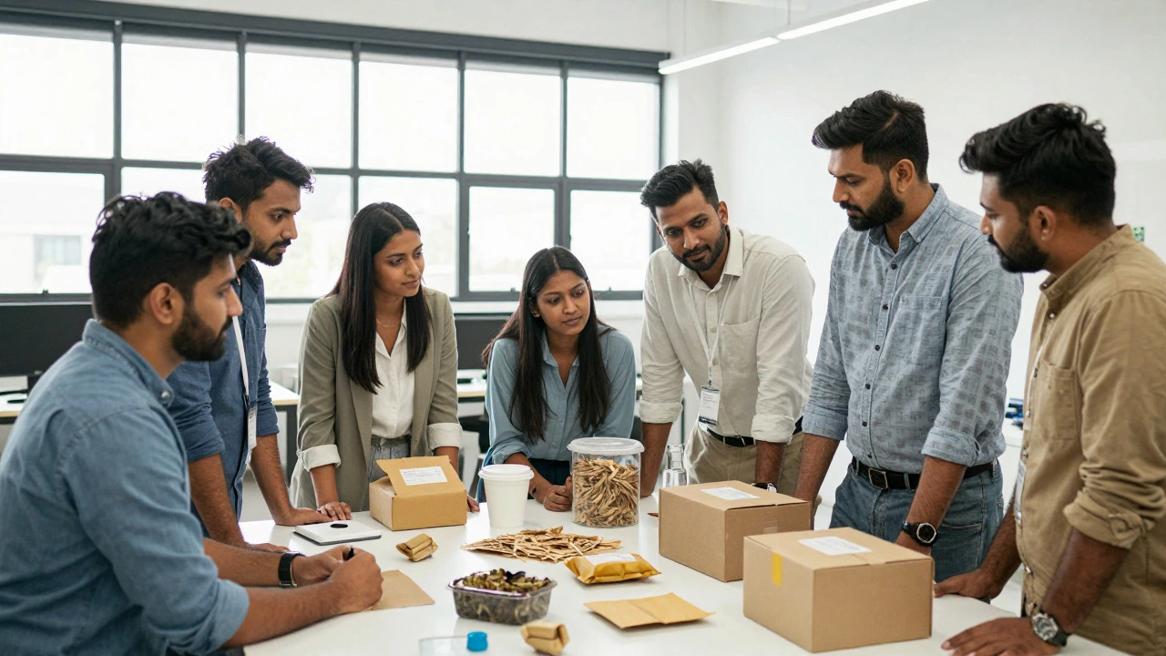 Entrepreneurs reviewing sustainable packaging prototypes in a workshop