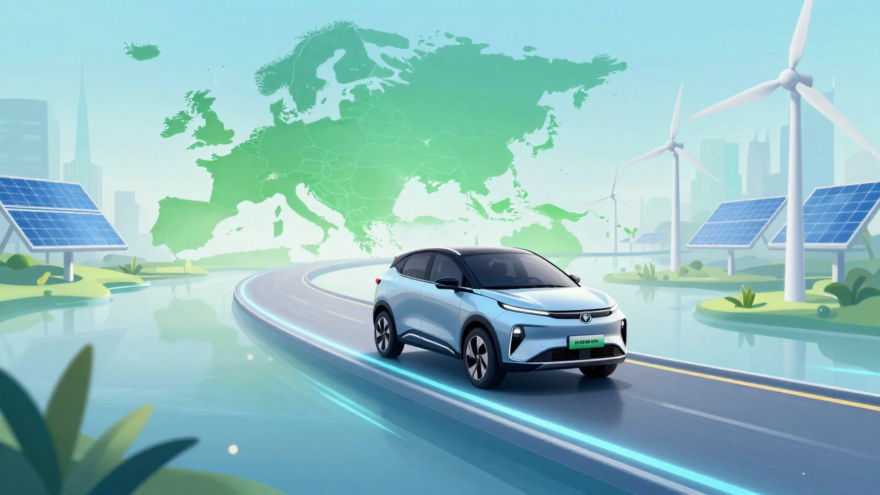 Futuristic electric car driving on a glowing map towards global markets