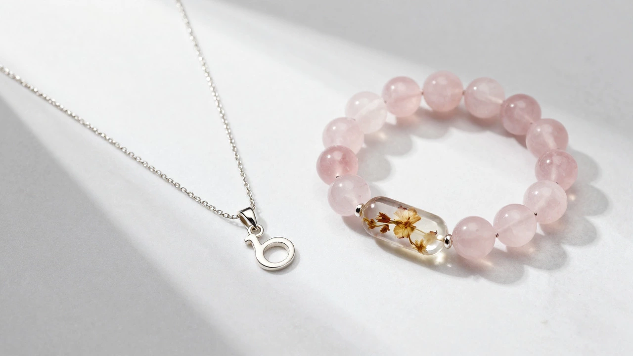 Personalized silver jewelry with rose quartz on a marble surface