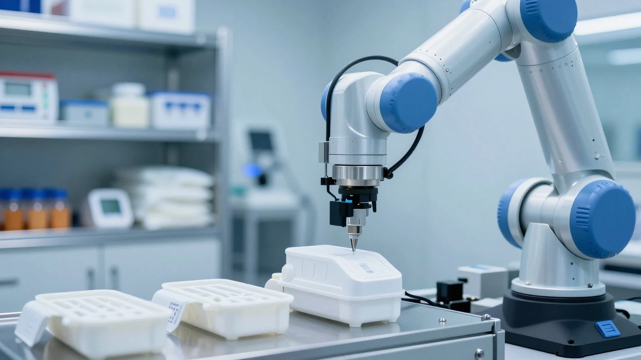 Robotic arm assembling medical device casings in a cleanroom