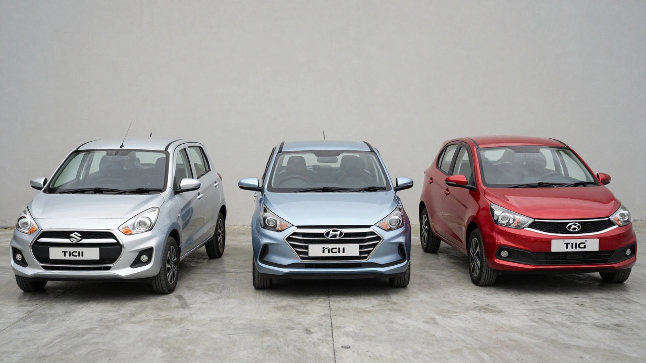 Side-by-side view of Maruti Alto, Hyundai i10, and Tata Tiago cars