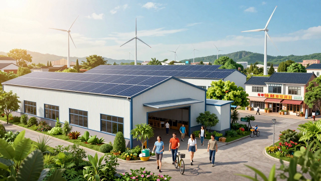 Sustainable factory with solar panels serving a local community