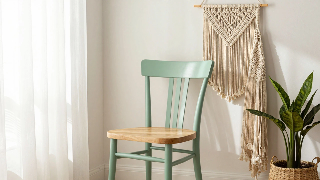 Upcycled painted chair and macrame wall hanging in a bright room