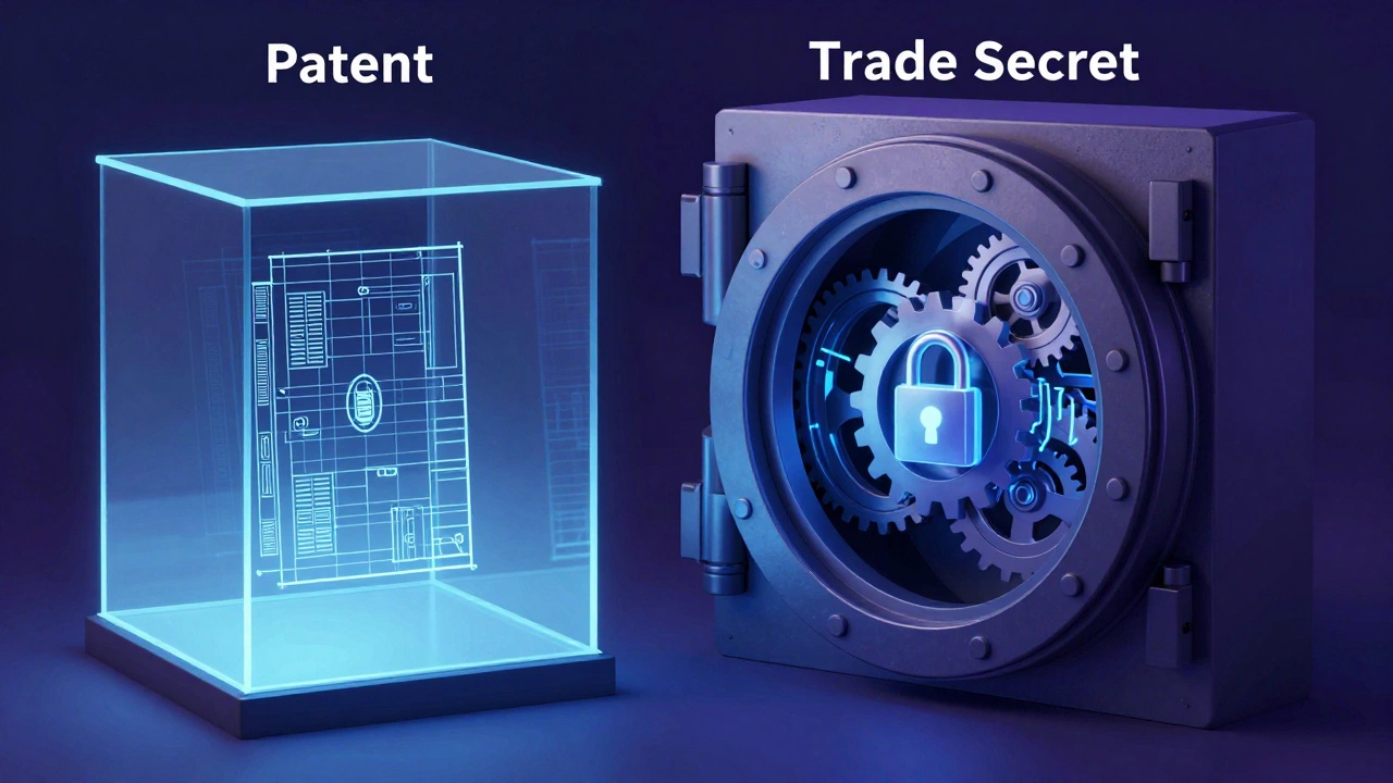 Vault vs glass box illustrating trade secret vs patent strategy