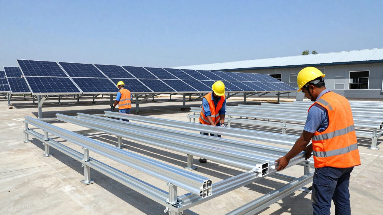 Workers assembling aluminum solar panel mounting structures