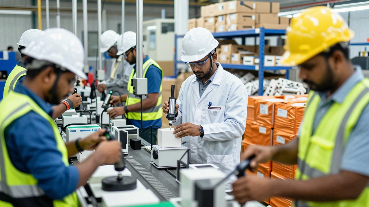 Workers assembling products on a busy factory production line
