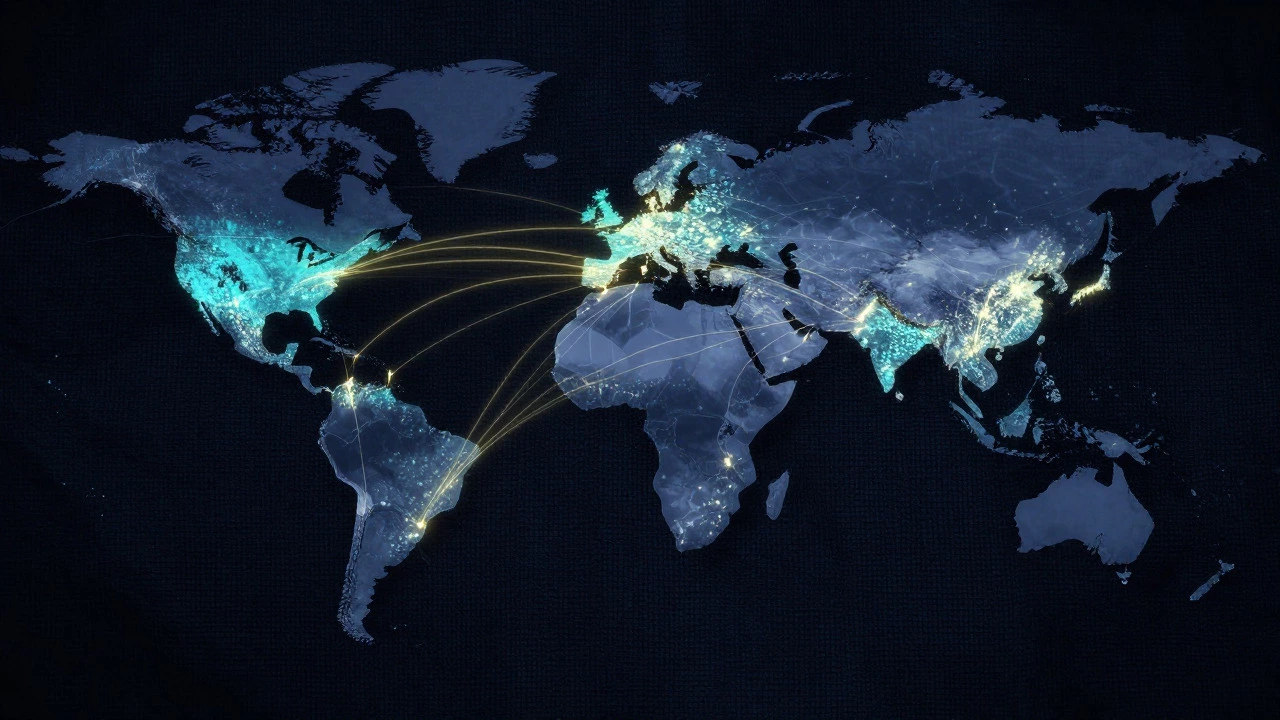 Abstract map showing glowing trade routes from India to global markets