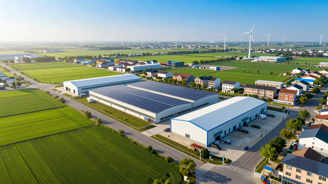 Aerial view of green energy factory in rural American town