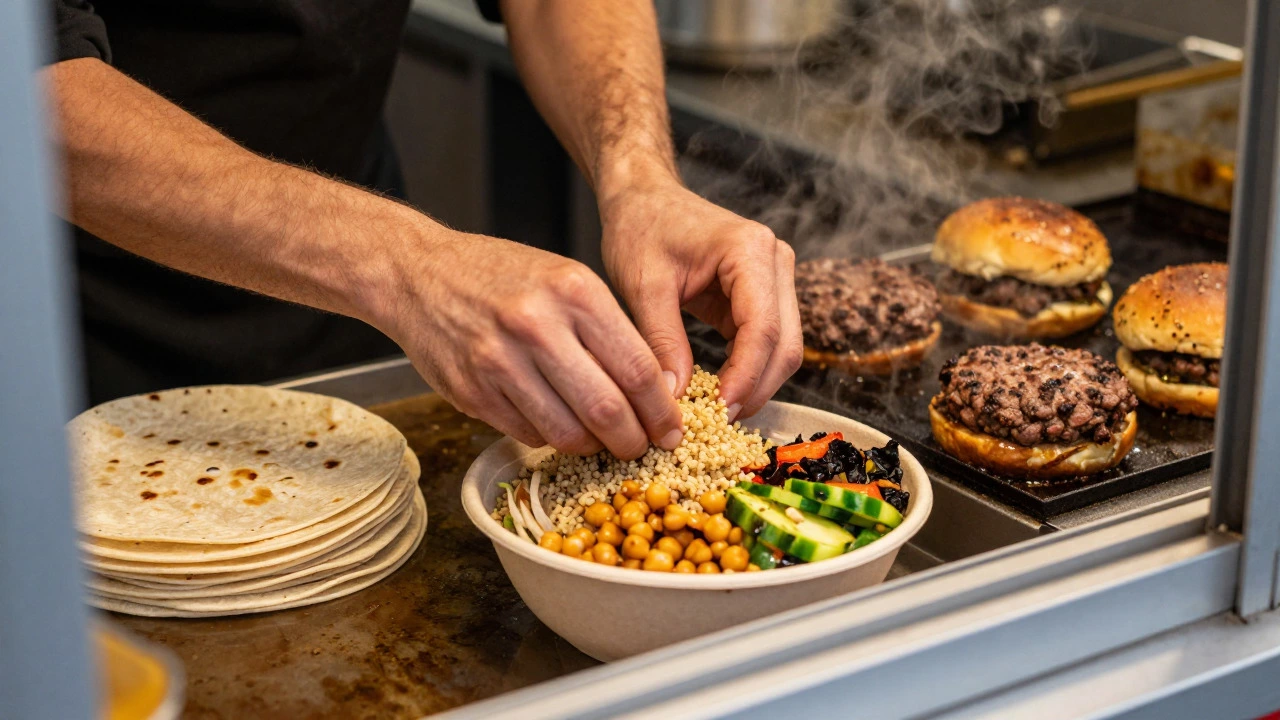Chef preparing vegan bowls and smash burgers inside a food truck kitchen