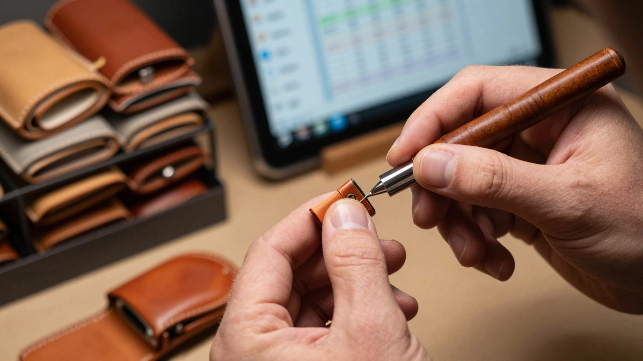 Close-up of hands finishing a custom product in a small factory