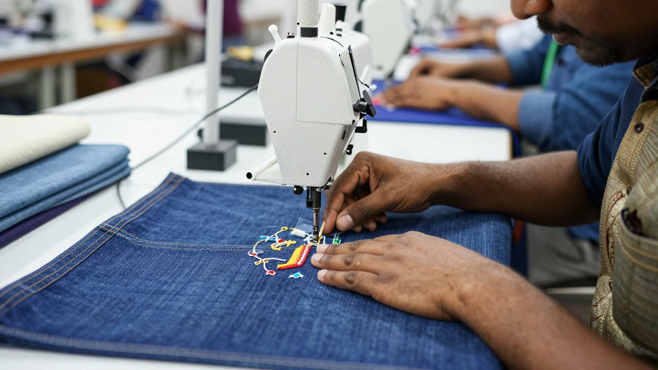 Close-up of skilled workers stitching intricate garments in a workshop