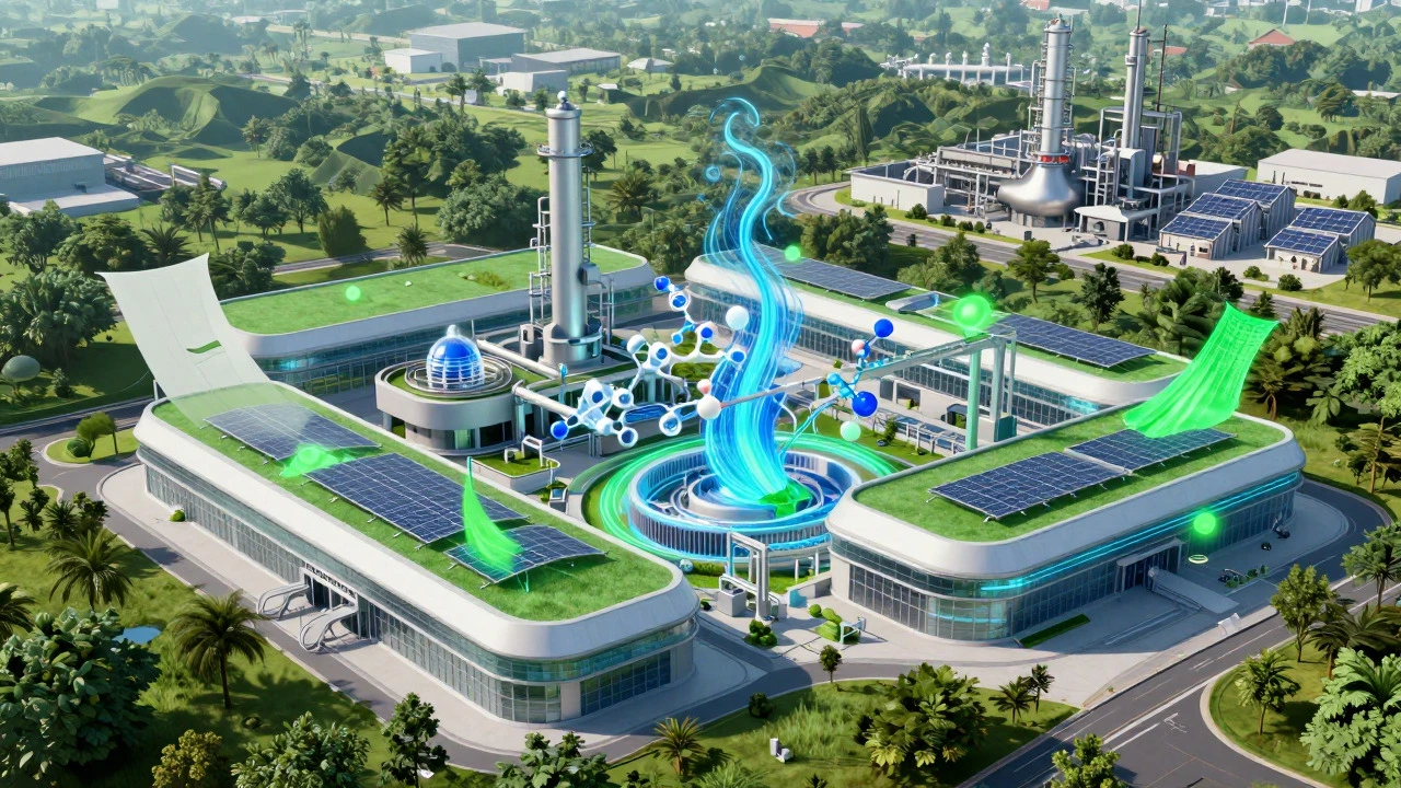 Futuristic advanced recycling facility processing plastic waste into new materials