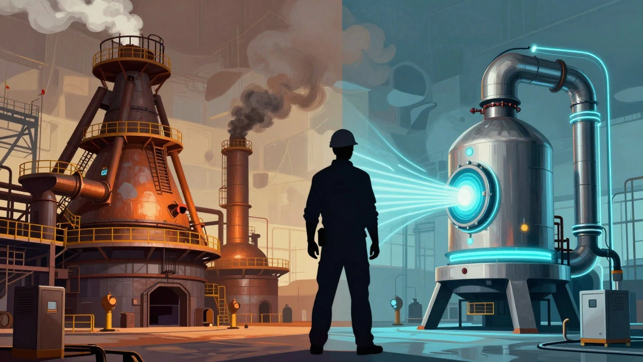 Illustration contrasting old blast furnaces with modern electric arc technology