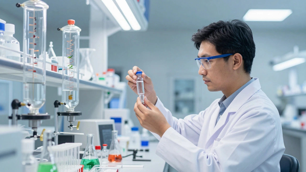 Indian scientist working in a sterile pharmaceutical lab