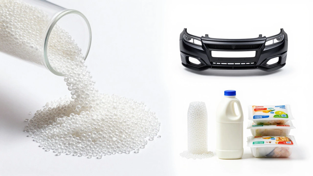 Polyethylene pellets transforming into finished plastic products like bottles and bumpers