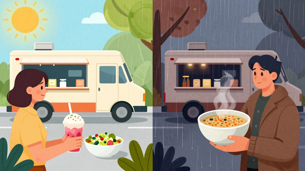 Split image showing summer smoothies and winter soups from a food truck