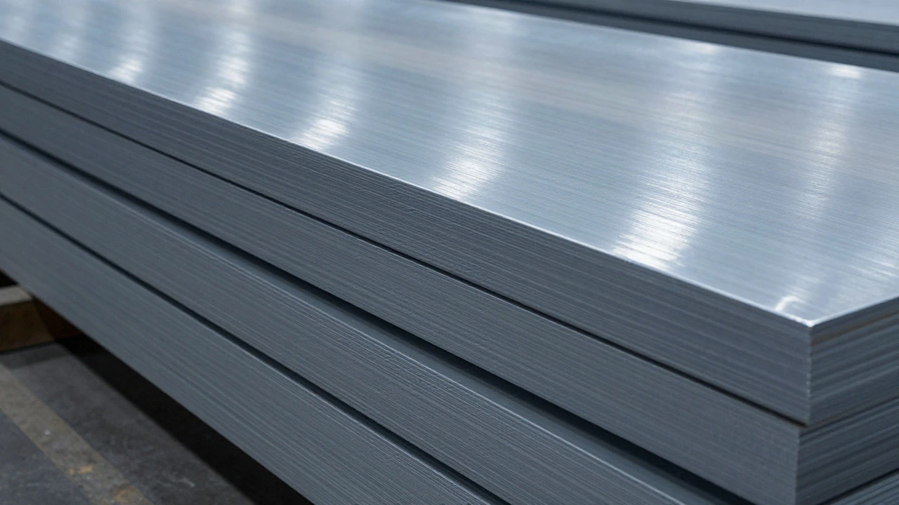 Stacks of finished high-grade alloy steel plates in a warehouse