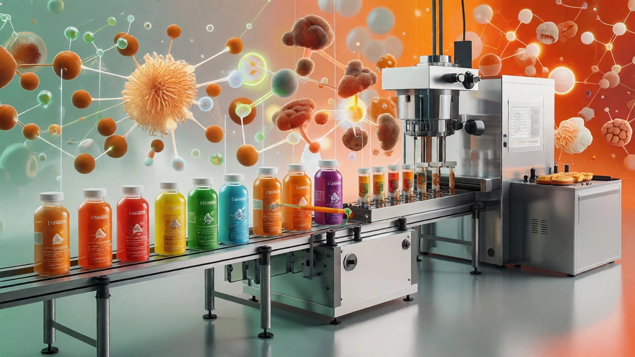 Abstract visualization of functional beverage production with health molecule graphics