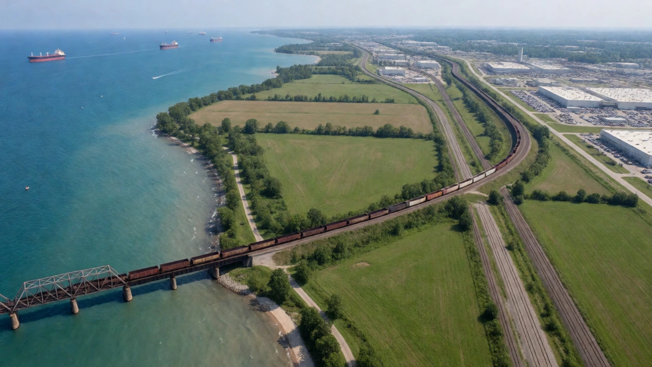 Aerial view of iron ore transport logistics near Great Lakes auto factories.