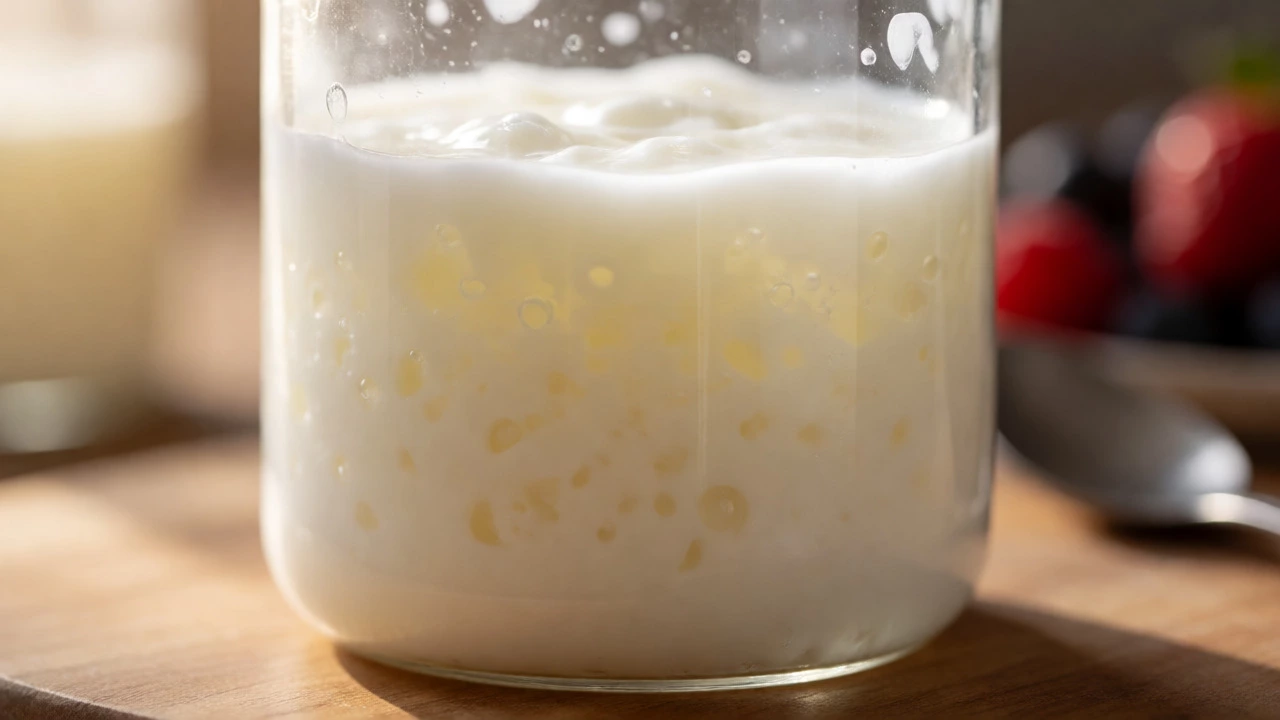 Close-up of thickening yogurt in a beaker showing fermentation texture