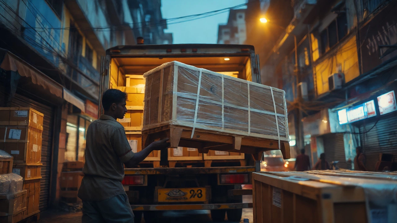 Delivery crew loading packaged furniture onto a truck in a busy city street