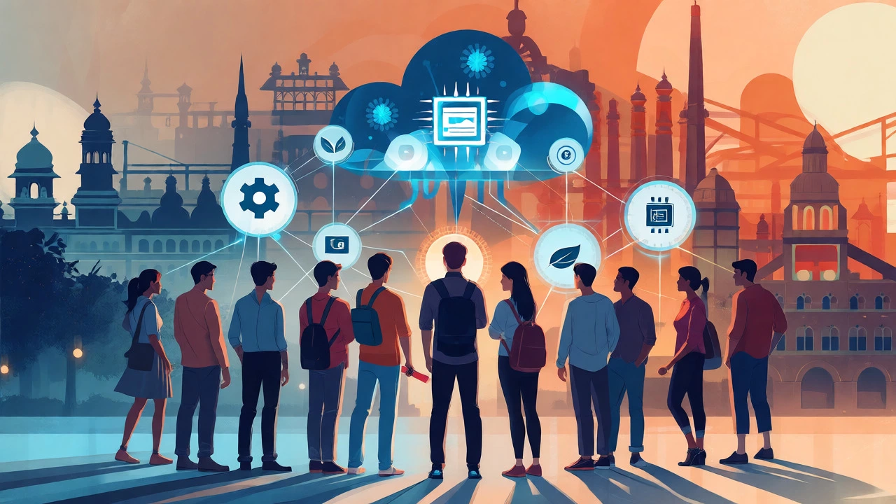 Digital skill credits floating around students symbolizing NEP's Academic Bank of Credits