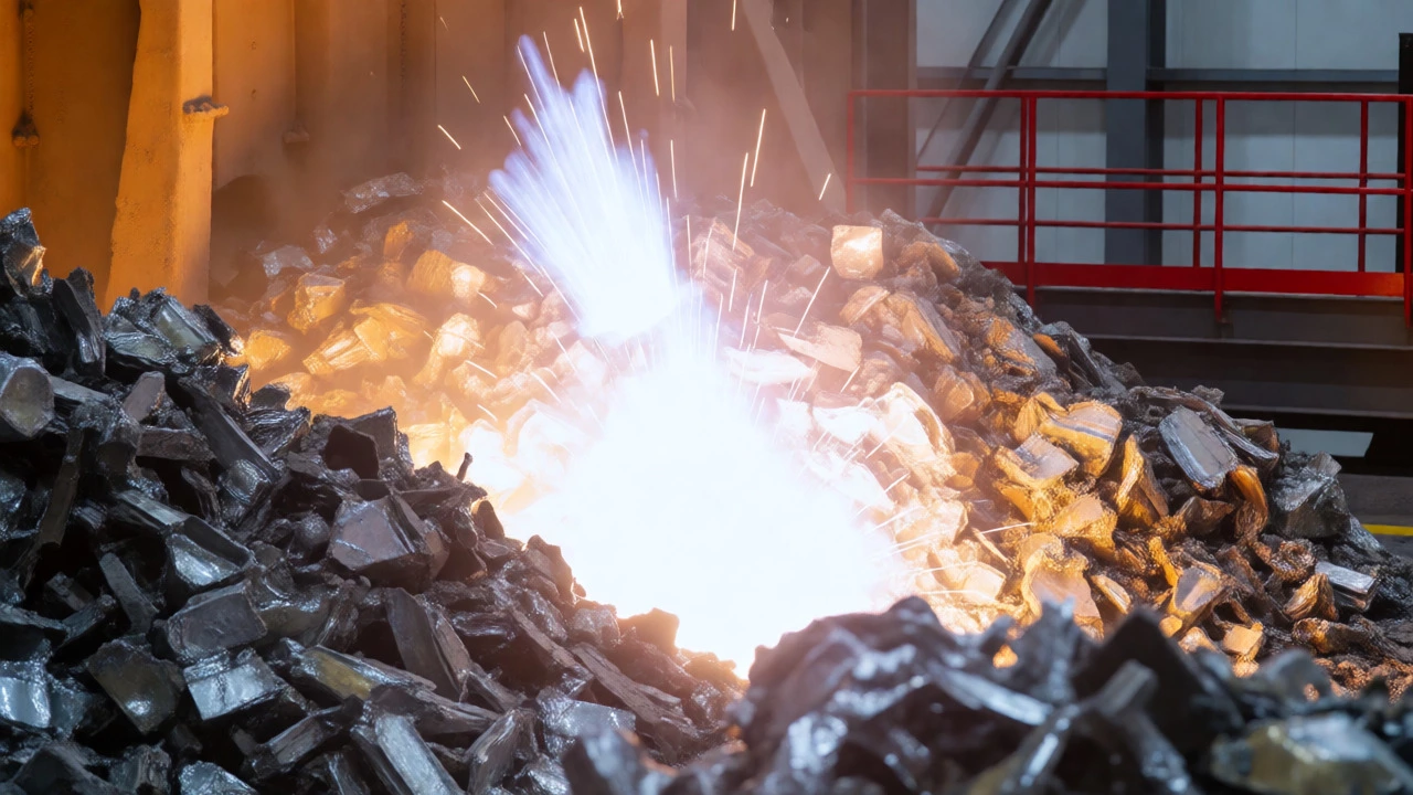 Electric arc furnace melting scrap metal with bright sparks in a Texas plant.