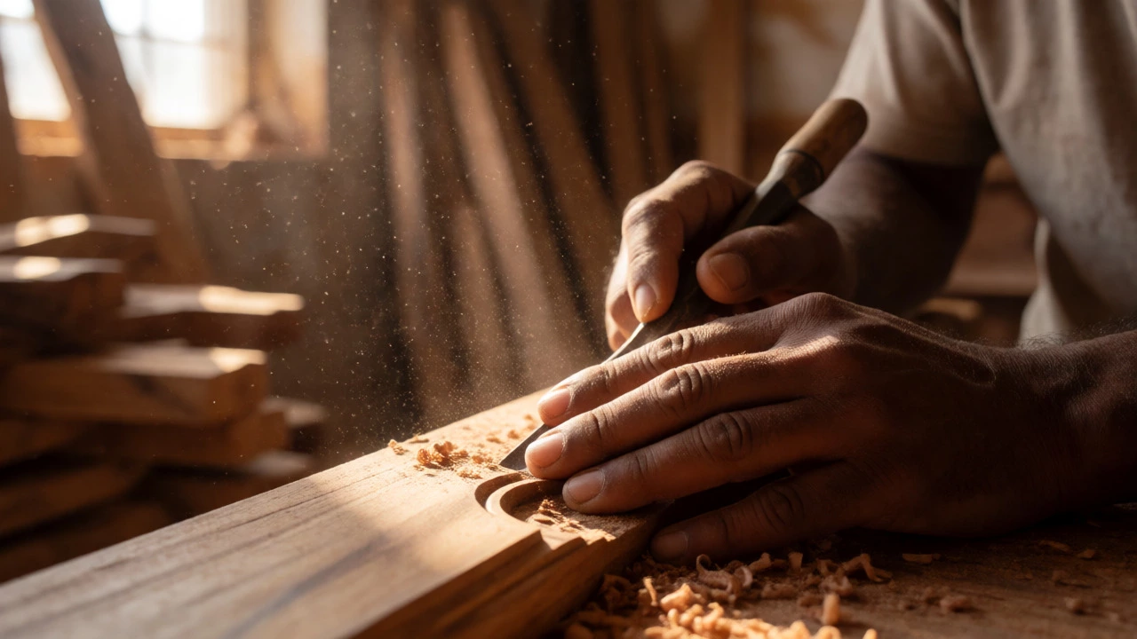 Indian artisan hand-carving intricate details into a Sheesham wood bed frame in a workshop.