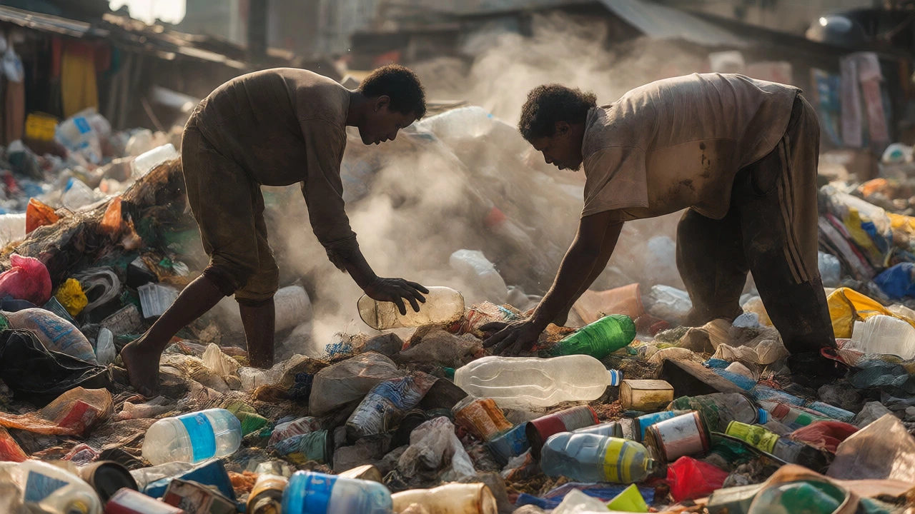 Informal worker sorting through a large mound of garbage in a hot climate