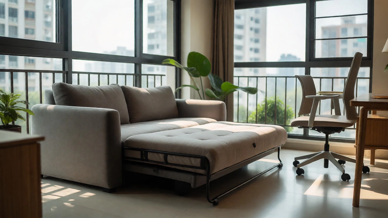 Modular sofa-bed and bamboo furniture in a compact modern Indian apartment
