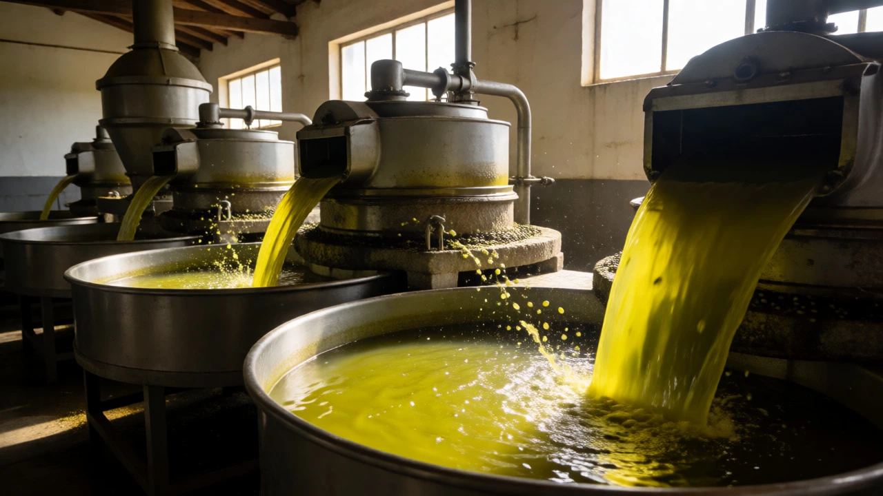 Olive oil extraction machinery separating oil from crushed olives