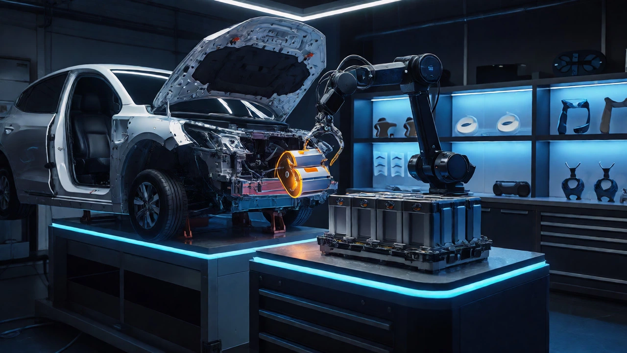 Robotic arm refurbishing EV batteries for home energy storage in a high-tech workshop