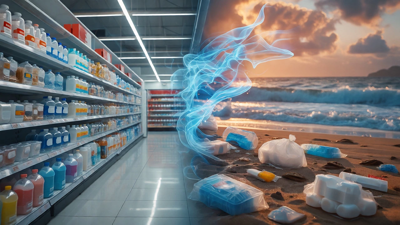 Split scene showing supermarket products connecting to polluted beaches