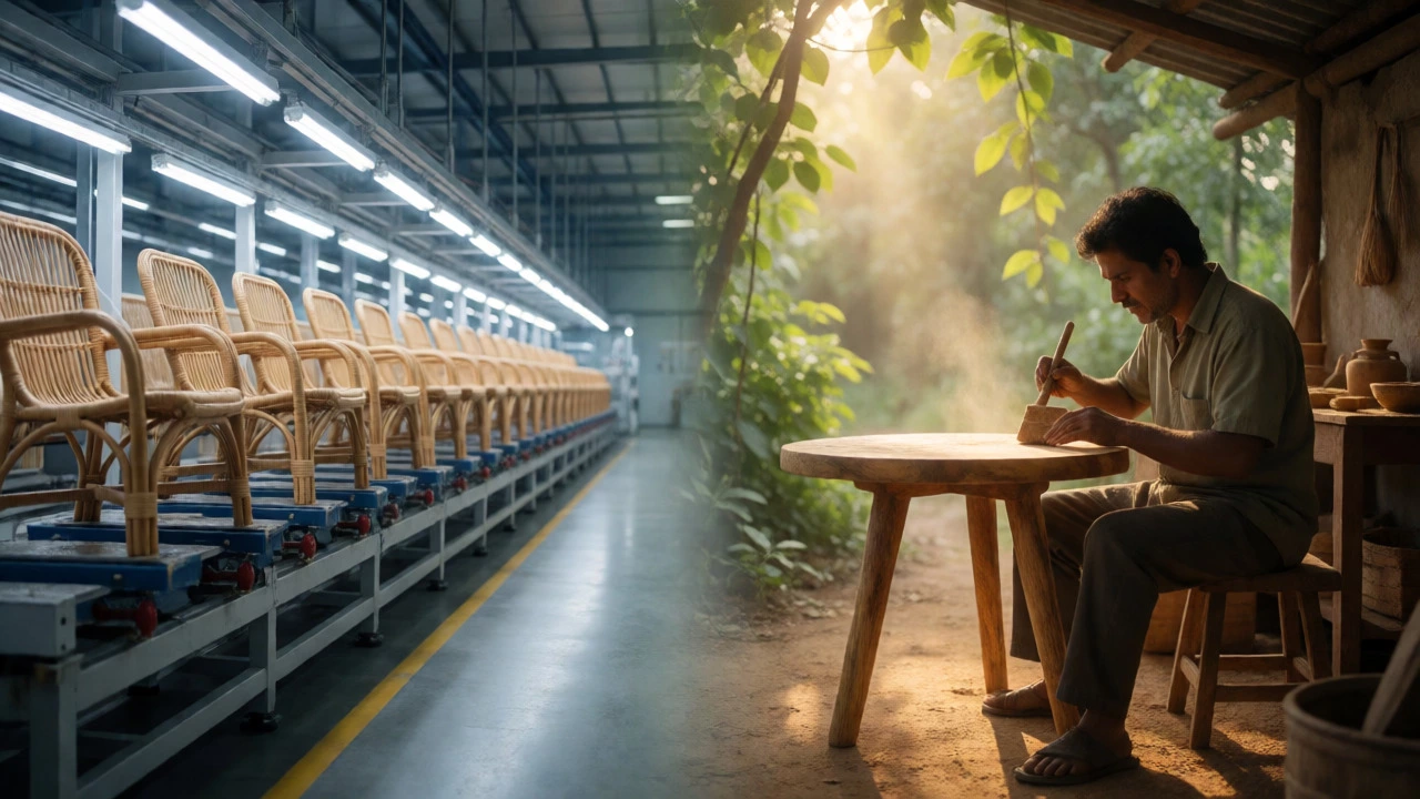 Split view comparing mass-produced rattan chairs with handcrafted sustainable mango wood furniture.