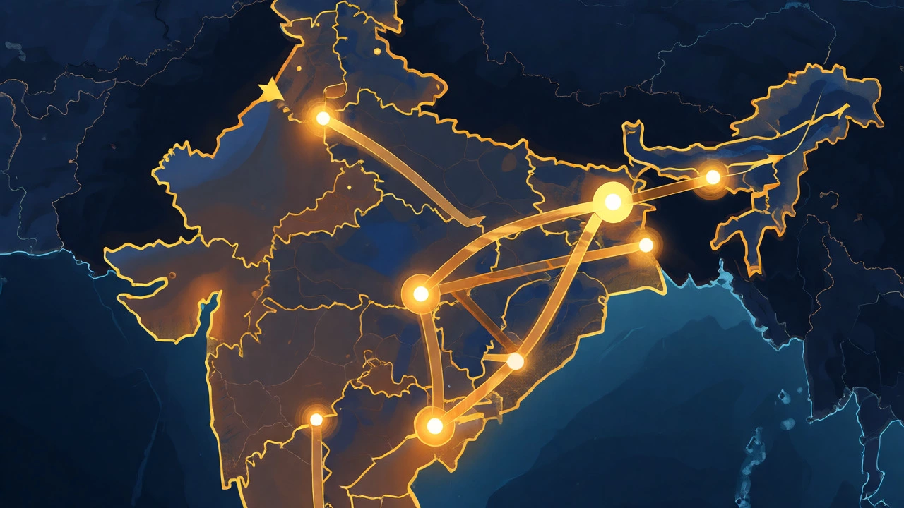 Stylized map of India showing pharmaceutical supply chain routes
