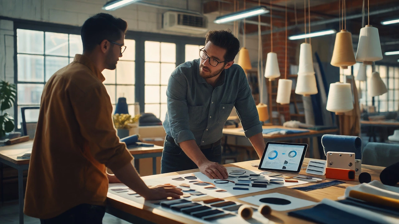 Textile manager and graduate discussing smart fabrics and data analytics at a workbench