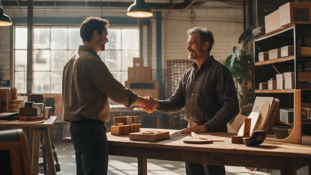 Business owner shaking hands with a client amidst workshop product samples