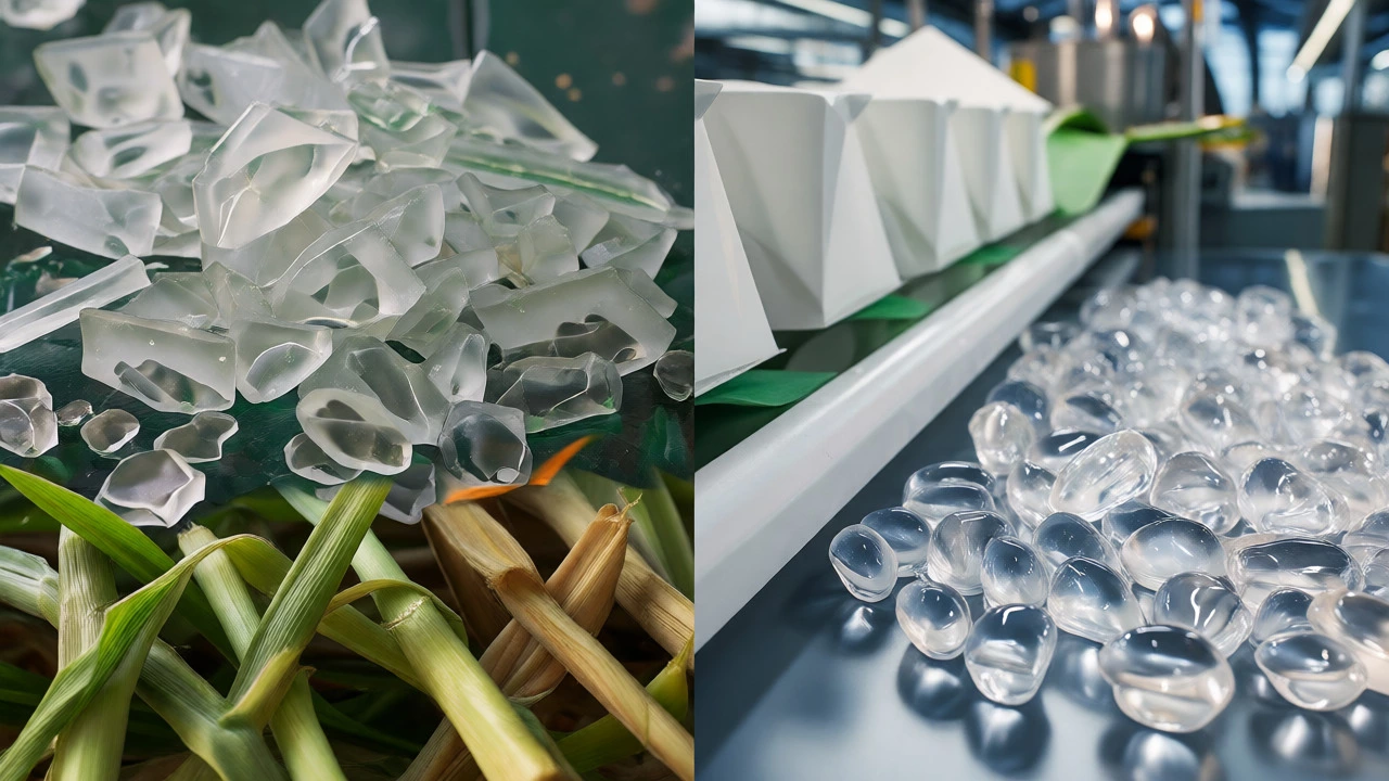 Comparison of recycled plastic flakes, bio-plastic plants, and virgin resin pellets.