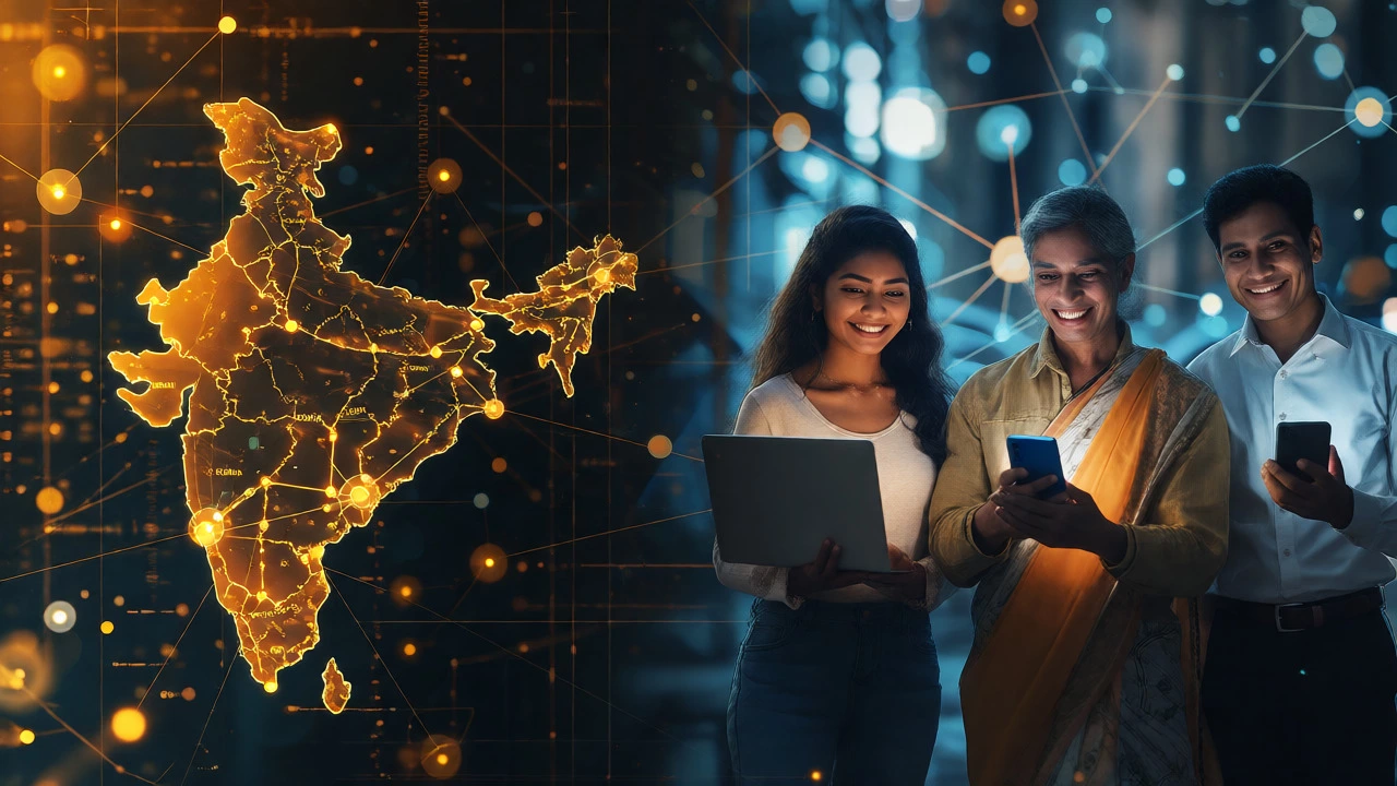Conceptual map of India's tech hubs connected to diverse device users