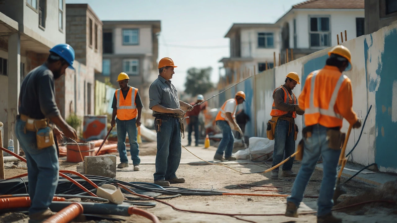 Construction crew coordinating on a residential building site with various tradespeople