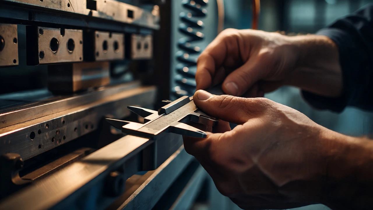 Hands using calipers to measure a precision metal part in a factory