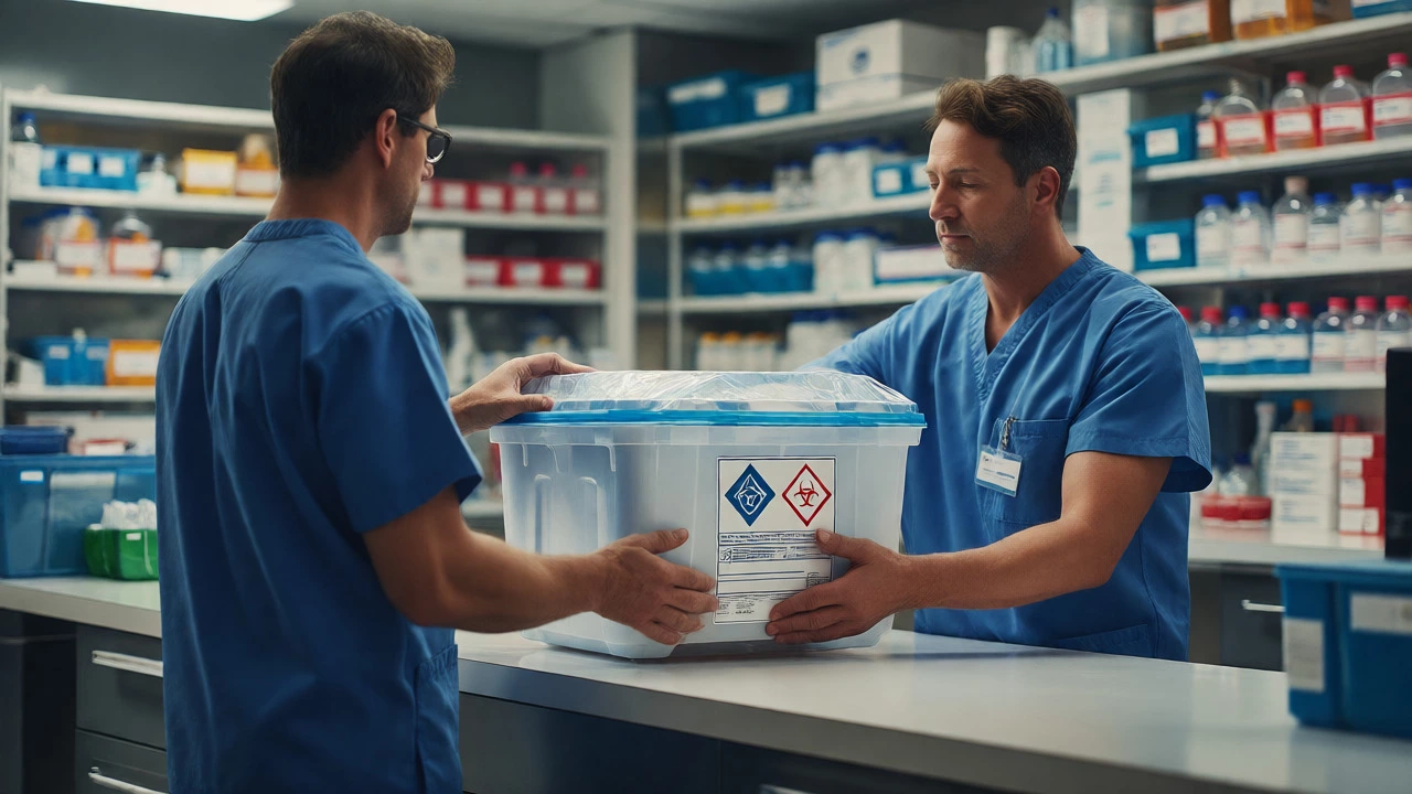 Pharmacist receiving a temperature-controlled shipment of specialty drugs in a hospital setting