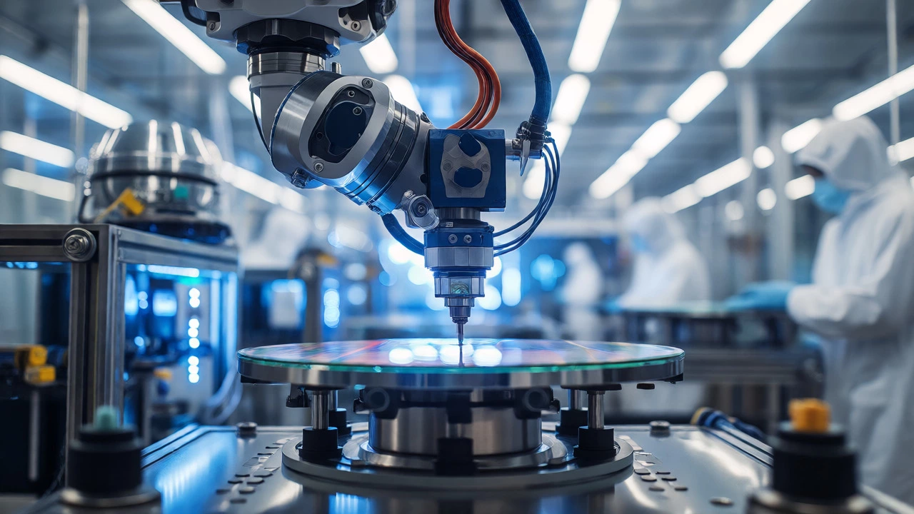 Robotic arm handling silicon wafer in a cleanroom semiconductor lab