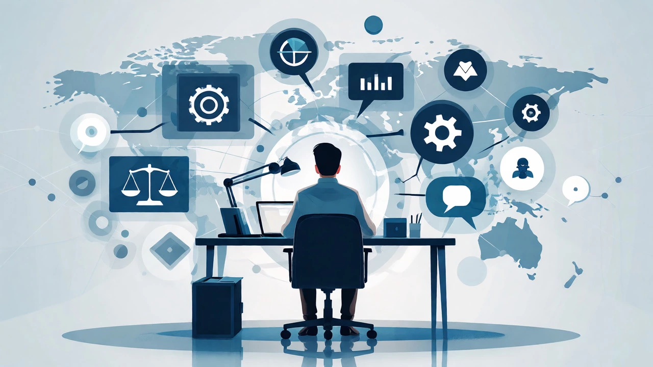 Solo professional working remotely with abstract icons representing service industries
