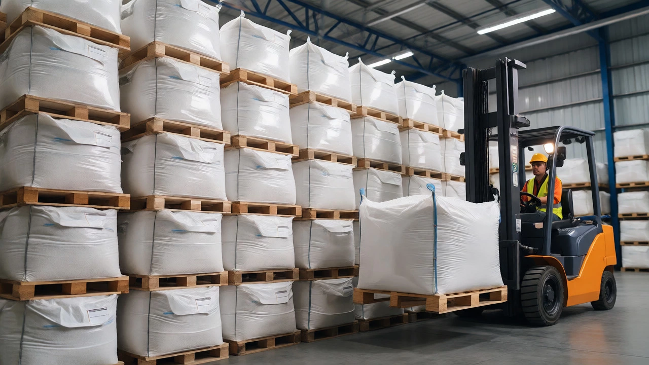 Warehouse worker moving pallets of bagged polymer resin pellets with a forklift.